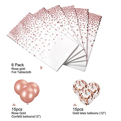 HOMIX Plastic Tablecloths for Rectangle Tables, 6 Pack Disposable Party Table Cloths, Rose Gold Dot Confetti Rectangular Table Covers with 30 Balloons for Parties Wedding Bridal Shower, 54" x 108"
