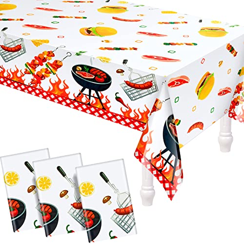 Plastic BBQ Party Tablecovers 86 x 51 inches Disposable Printed BBQ Party Tablecloth for Outdoor Indoor Birthday Barbecue Party Decoration Stain Resistant and Easy to Clean(3 Pack)