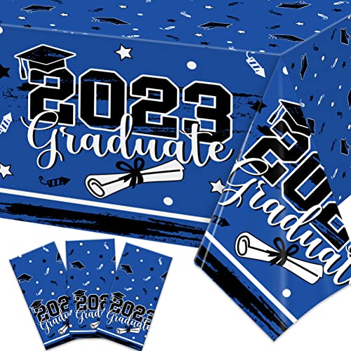 Graduation Party Decorations Class of 2023 Blue Graduation Tablecloths 3PCS Congrats Grad Disposable Plastic Table Covers for College High School Graduation Party Supplies 70x43 Inch