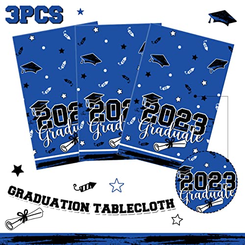 Graduation Party Decorations Class of 2023 Blue Graduation Tablecloths 3PCS Congrats Grad Disposable Plastic Table Covers for College High School Graduation Party Supplies 70x43 Inch