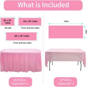 Pink Plastic Table Skirt & Tablecloth Set, 14FT Disposable Table Skirting Includes Table Cover for Rectangle Table, Birthday Party, Baby Shower Decorations