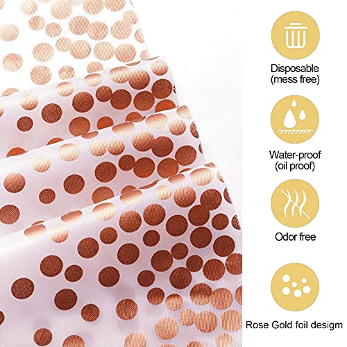 FECEDY 6 Packs 54 x 108inch Disposable Plastic Table Cover Waterproof for Rectangle White Background with Rose Gold dot for Indoor & Outdoor Birthdays Anniversary Buffet Table Party Decorations