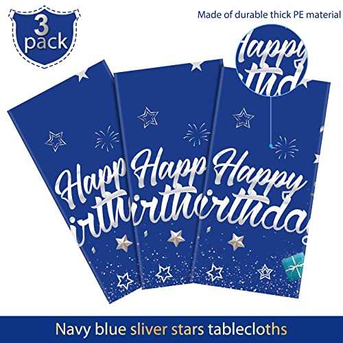 Tegeme Navy Blue Party Supplies Stars Happy Birthday Tablecloths Starry Confetti Table Covers for Kids Birthday Party Decor(Navy Blue and Silver,3 Pack)