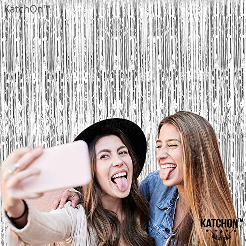 KatchOn, XtraLarge, 6.4x8 Feet Silver Fringe Backdrop - Pack of 2 | Silver Streamers Backdrops for Photoshoot | Silver Graduation Party Decorations 2023 | Silver Backdrop for Disco Party Decorations