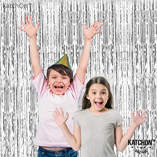 KatchOn, XtraLarge, 6.4x8 Feet Silver Fringe Backdrop - Pack of 2 | Silver Streamers Backdrops for Photoshoot | Silver Graduation Party Decorations 2023 | Silver Backdrop for Disco Party Decorations