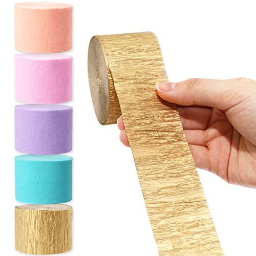 Whaline 5 Rolls 410ft Crepe Paper Streamers Each Roll 82Ft, Gold Pink Candy Color Party Streamers for Wedding Ceremony Baby Bridal Shower Bachelorette Birthday Unicorn Party Decorations (1.8 Inch)