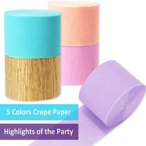 Whaline 5 Rolls 410ft Crepe Paper Streamers Each Roll 82Ft, Gold Pink Candy Color Party Streamers for Wedding Ceremony Baby Bridal Shower Bachelorette Birthday Unicorn Party Decorations (1.8 Inch)