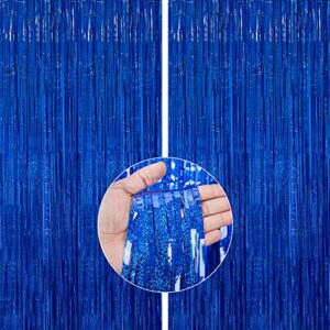 partywoo 2 pcs royal blue foil fringe curtain, metallic foil tinsel fringe backdrop door fringe for birthday wedding party photo backdrop, blue streamers party decorations
