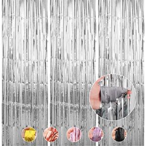 crosize 3 pack 3.3 x 9.9 ft silver foil fringe backdrop curtain, streamer backdrop curtains, streamers birthday party decorations, tinsel curtain for parties, photo booth backdrops, party decor