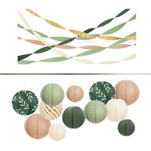 aobkiat wedding party decorations, 12pcs green brown hanging paper lanterns, 5 rolls olive green crepe paper streamers for wedding, bridal showers, baby shower, birthday