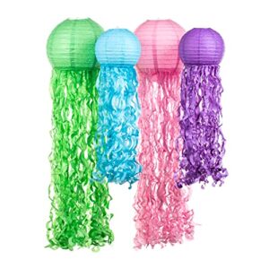 jellyfish paper lanterns 4 pack multiple sizes and colors mermaid under the sea ocean birthday party decorations supplies easy setup room décor