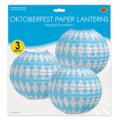 Beistle Oktoberfest Paper Lanterns, 9-1/2-Inch, Blue/White