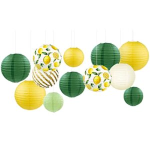 aobkiat decorations paper lantern kit-12pcs 3 sizes yellow green white white lemon pattern for neutral baby shower, vintage party,birthday, bridal showers, rustic wedding decorations