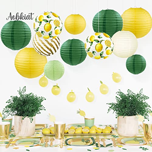 AOBKIAT Decorations Paper Lantern Kit-12PCS 3 Sizes Yellow Green White White Lemon Pattern for Neutral Baby Shower, Vintage Party,Birthday, Bridal Showers, Rustic Wedding Decorations