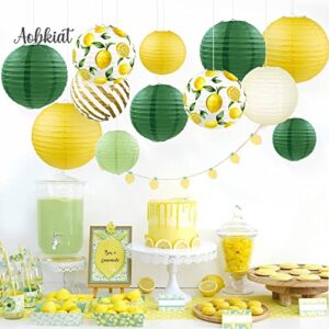 AOBKIAT Decorations Paper Lantern Kit-12PCS 3 Sizes Yellow Green White White Lemon Pattern for Neutral Baby Shower, Vintage Party,Birthday, Bridal Showers, Rustic Wedding Decorations