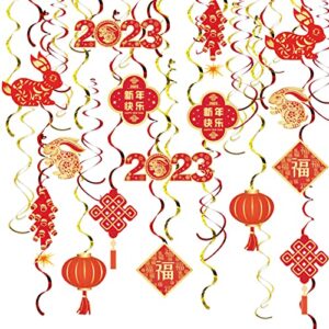 chinese new year decoration hanging swirls, 30pack 2023 year of rabbit ornaments chinese fu character décor chinese spring festival party supplies