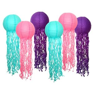 6pcs jellyfish hanging paper lanterns pink purple blue for under the sea mermaid theme baby shower girls boys birthday party, class room, baby room, bedroom,ocean theme party supplies decorations