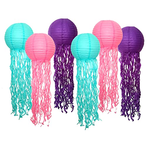 6Pcs Jellyfish Hanging Paper Lanterns Pink Purple Blue for Under The Sea Mermaid Theme Baby Shower Girls Boys Birthday Party, Class Room, Baby Room, Bedroom,Ocean Theme Party Supplies Decorations