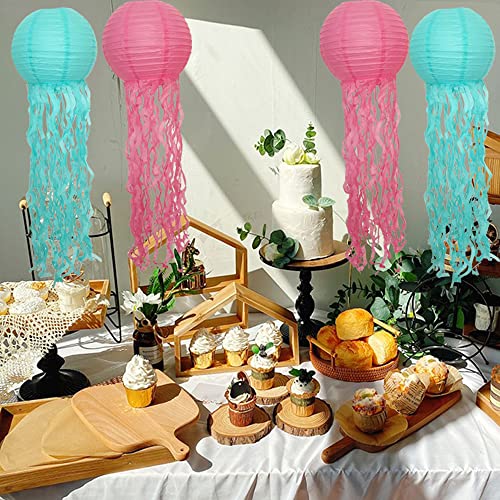 6Pcs Jellyfish Hanging Paper Lanterns Pink Purple Blue for Under The Sea Mermaid Theme Baby Shower Girls Boys Birthday Party, Class Room, Baby Room, Bedroom,Ocean Theme Party Supplies Decorations