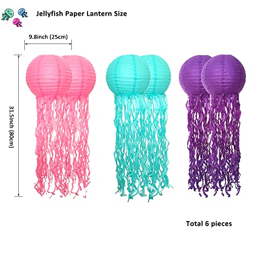 6Pcs Jellyfish Hanging Paper Lanterns Pink Purple Blue for Under The Sea Mermaid Theme Baby Shower Girls Boys Birthday Party, Class Room, Baby Room, Bedroom,Ocean Theme Party Supplies Decorations