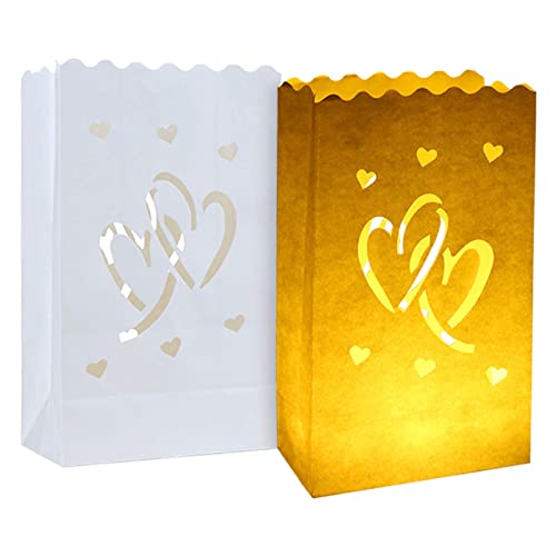 20pcs White Luminary Bags Outdoor Special Lantern Luminary Bag with Duo Heart Reusable Flame Resistant Paper Bags with Cotton Material for Wedding Valentine Engagement Marriage Proposal Decorations