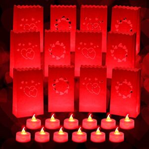 12 pieces luminary paper bags with 12 pcs led flameless candle red hearth luminaries paper bags flame resistant candle bag for valentine’s day wedding outdoor party home decoration