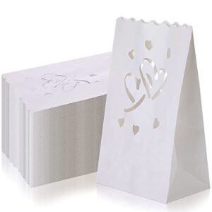 100 Pcs Valentine's Day White Luminary Bags Flame Resistant Candle Bags Hearts Design Valentines Luminaries Reusable Paper Lantern Bags Fire Retardant Candle Bags for Wedding Spring Engagement Event