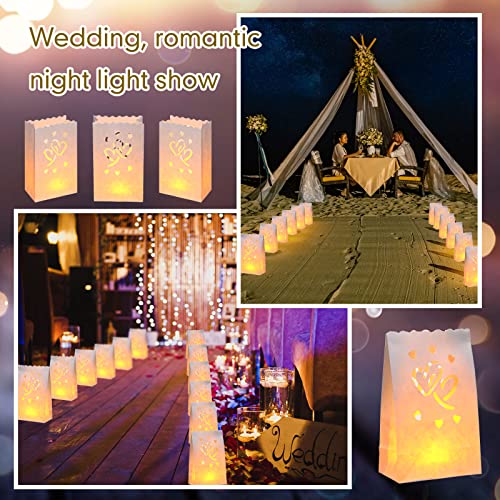 100 Pcs Valentine's Day White Luminary Bags Flame Resistant Candle Bags Hearts Design Valentines Luminaries Reusable Paper Lantern Bags Fire Retardant Candle Bags for Wedding Spring Engagement Event