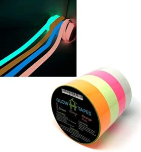 glow in the dark tape – set of 4 bright color rolls – 1″ x 200″ each – green, orange, blue, pink – strong with hours of luminous glow – great party supplies & decorations