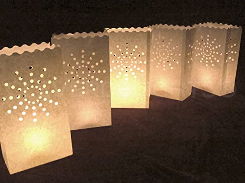 CleverDelights White Luminary Bags - 20 Count - Sunburst Design - Wedding Party Christmas Holiday Luminaria