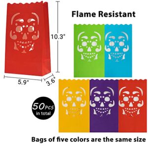 Stmarry 50 pcs Day of The Dead Luminary Bags, Halloween Luminary Bags, Flame Resistant Candle Bag Lanterns, Dia De Los Muertos Party Decorations - Paper Treat Bags