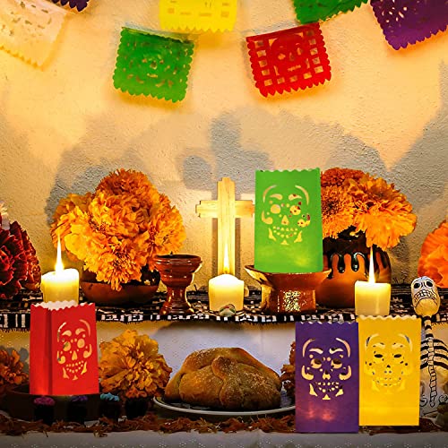 Stmarry 50 pcs Day of The Dead Luminary Bags, Halloween Luminary Bags, Flame Resistant Candle Bag Lanterns, Dia De Los Muertos Party Decorations - Paper Treat Bags