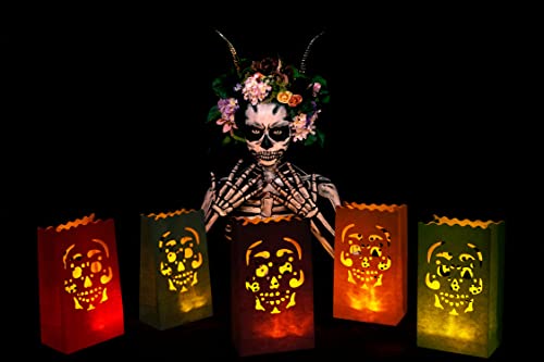 Stmarry 50 pcs Day of The Dead Luminary Bags, Halloween Luminary Bags, Flame Resistant Candle Bag Lanterns, Dia De Los Muertos Party Decorations - Paper Treat Bags