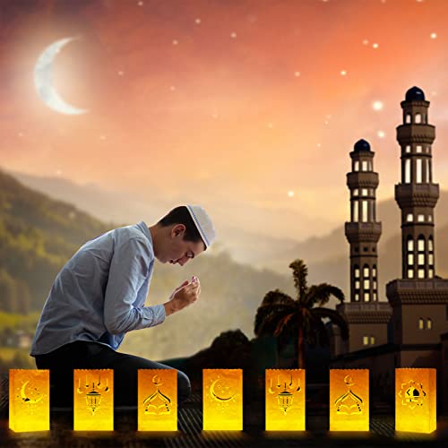 48 Pcs Eid White Luminary Bags Ramadan Mubarak Decoration Flame Resistant Bags Islamic Star Moon Reusable Luminary Paper Bags for Home Eid Party Wedding Birthday Decorations (Lights Not Included)