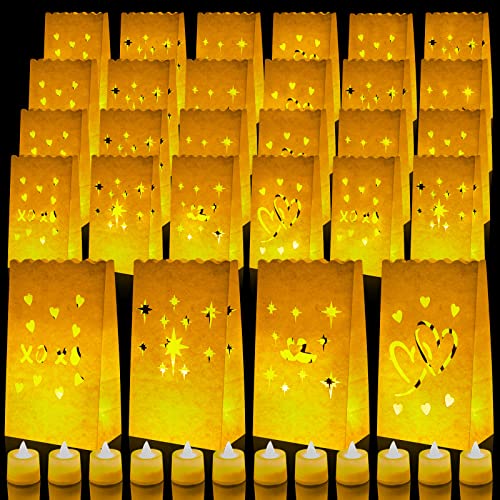 Tinlade 48 Pcs Luminary Paper Bags with 48 Pcs Flameless Tea Light, LED Tea Light Flameless Candle with Luminaries Candle Bag for Valentine's Day Wedding Outdoor Birthday Festivals Party