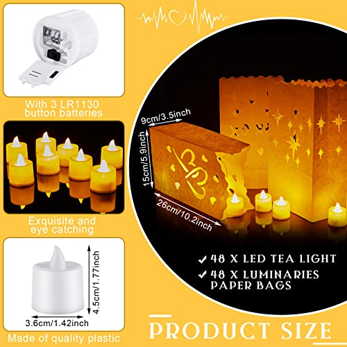 Tinlade 48 Pcs Luminary Paper Bags with 48 Pcs Flameless Tea Light, LED Tea Light Flameless Candle with Luminaries Candle Bag for Valentine's Day Wedding Outdoor Birthday Festivals Party