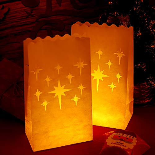 Aneco 48 Pieces Stars Design Luminary Bags White Paper Lantern Bags Flame Resistant Candle Bags Tealight Holders Luminary Bags for Christmas, Wedding, Reception, Party Decoration