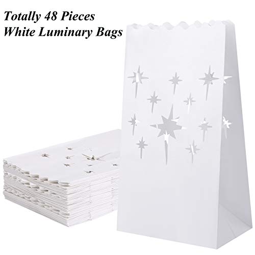 Aneco 48 Pieces Stars Design Luminary Bags White Paper Lantern Bags Flame Resistant Candle Bags Tealight Holders Luminary Bags for Christmas, Wedding, Reception, Party Decoration