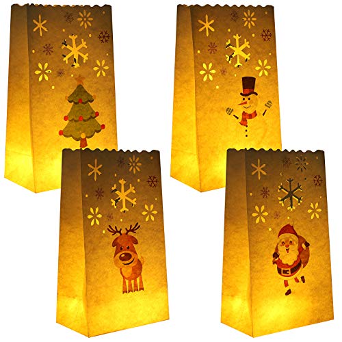 URATOT 24 Pieces White Luminary Bags Paper Luminaries Lantern Flame-Resistant Candle Bags with 4 Styles Christmas Designs for Home, Christmas, Outdoor, Party Decor