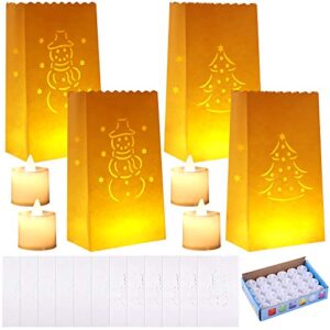 uratot 36 pieces luminary bags kit, 24 led tea lights with 12 luminaries bags flameless candles flame resistant paper lantern bags with tree, snowman designs for christmas, party, outdoor decoration