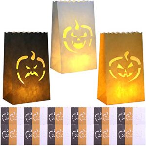 uratot 36 pieces halloween luminary bags jack-o’-lantern bags pumpkin silhouette paper bags flame resistant lantern bags luminary candle bags 3 designs for halloween, party, home