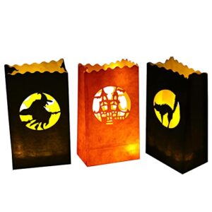 stmarry 48 pcs halloween luminary bags, flame resistant luminaries, orange and black tea light candle bags – witch, black cat silhouette decorations & party lanterns