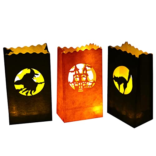 Stmarry 48 pcs Halloween Luminary Bags, Flame Resistant Luminaries, Orange and Black Tea Light Candle Bags - Witch, Black Cat Silhouette Decorations & Party Lanterns