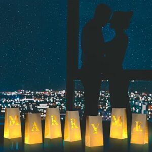 eersida 7 pieces wedding proposal decorations marry me light up letters sign set paper luminaria bags with 14 led lights for engagement party romantic night girl boy living room office, white