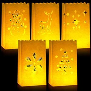 100 pieces christmas luminary bags white paper luminary bags flame resistant candle bags lantern bags 5 designs with christmas tree snowflake snowman reindeer for christmas party decoration