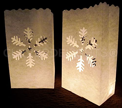 CleverDelights White Luminary Bags - 30 Count - Snowflake Design - Christmas Holiday Luminaria