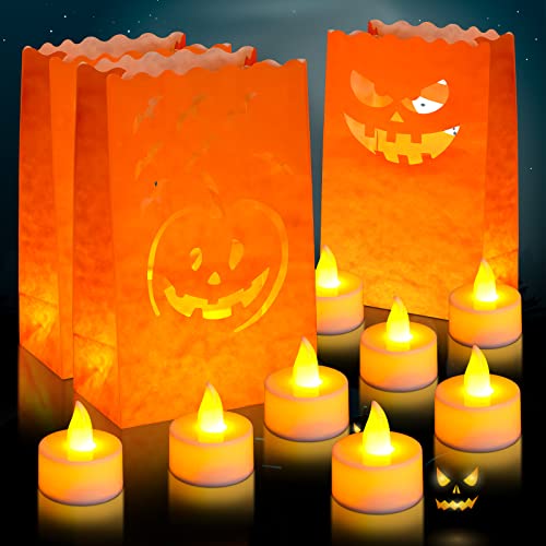 48 Pcs Halloween Luminary Bags with LED Light Candles Set 24 Pcs Halloween Flame Resistant Candle Bags 24 Pcs LED Light Candles Halloween Pumpkin Ghost Decor Luminary Bags for Outdoor Patio Front door