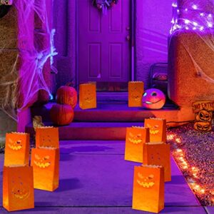 48 Pcs Halloween Luminary Bags with LED Light Candles Set 24 Pcs Halloween Flame Resistant Candle Bags 24 Pcs LED Light Candles Halloween Pumpkin Ghost Decor Luminary Bags for Outdoor Patio Front door