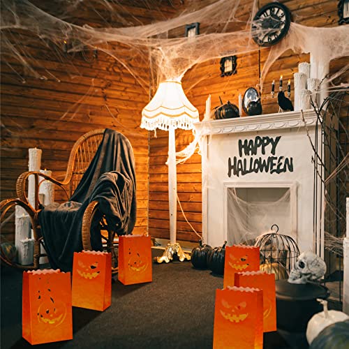 48 Pcs Halloween Luminary Bags with LED Light Candles Set 24 Pcs Halloween Flame Resistant Candle Bags 24 Pcs LED Light Candles Halloween Pumpkin Ghost Decor Luminary Bags for Outdoor Patio Front door