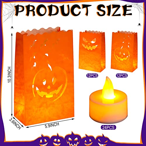 48 Pcs Halloween Luminary Bags with LED Light Candles Set 24 Pcs Halloween Flame Resistant Candle Bags 24 Pcs LED Light Candles Halloween Pumpkin Ghost Decor Luminary Bags for Outdoor Patio Front door